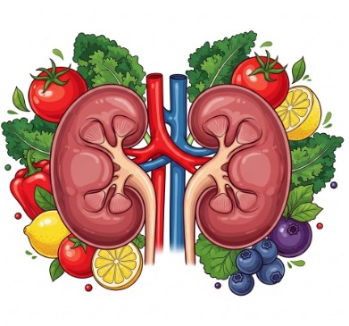 vibrant illustration of healthy kidneys surrounded by fruits and vegetables, symbolizing the importance of diet for kidney health