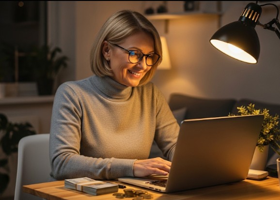  image portrays a smiling woman comfortably seated at a wooden desk, engrossed in her work on a laptop. The warm, inviting glow of a lamp illuminates her and her workspace, which is adorned with a few green plants, creating a cozy and productive atmosphere.

Significantly, a stack of banknotes and several coins are placed neatly beside her laptop, visually representing the theme of earning money online. The softly blurred background ensures the focus remains on the woman and the tangible success she has achieved through her online endeavors. The overall image conveys a sense of accessible, relaxed, and rewarding work from the comfort of one's own space.