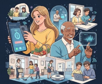 A detailed illustration titled 'AI Everywhere: How Smart Tech is Changing Your Daily Life' depicts multiple scenes of people of different ages engaging with AI. A woman uses a smartphone for smart home control, an older man points to a digital health monitor, a family uses a robot vacuum, and students learn with laptops, all against a dark background with subtle digital connections