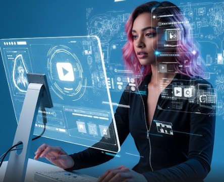 A young woman with pink hair sits at a desk using a futuristic computer. The computer has a transparent screen that displays glowing, holographic interfaces related to video creation and artificial intelligence.