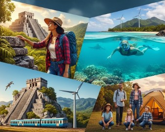 An illustrative collage promoting 'Sustainable Travel: Explore New Adventures & Help the Planet.' It features a woman hiking near a Mayan temple, a person snorkeling over a coral reef with marine life, a family camping in nature, and a scenic view of a train passing ancient ruins and wind turbines, symbolizing eco-friendly adventures