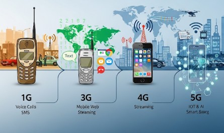 An image showing a timeline of wireless internet technology from 1G to 5G. On the far left, 1G is represented by a large, brick-like mobile phone with a prominent antenna, with text below reading "Voice Calls" and "SMS." Moving right, 2G shows a slightly smaller phone from the early 1990s, with a text message bubble. Next is 3G, depicted with an early smartphone, and icons for web Browse and streaming. 4G is represented by a modern smartphone displaying streaming video. On the far right, 5G is depicted with a futuristic smartphone connected to a network of glowing hexagonal nodes, representing IoT and smart infrastructure.