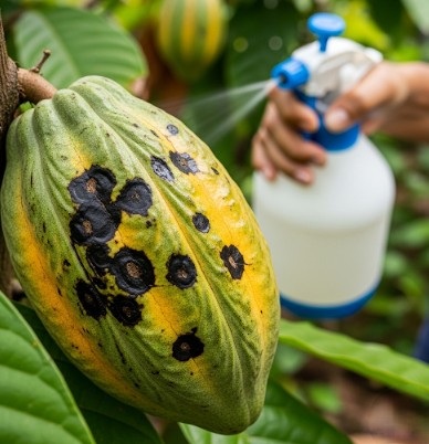 
A close-up shot of a cacao pod on a tree, showing signs of severe black pod rot disease. The pod, which is yellow and green, is covered in several dark, sunken lesions. In the background, a hand is holding a white spray bottle, applying a liquid to the pod, likely a fungicide or treatment. The focus is on the diseased fruit and the attempt to treat it.