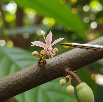 A cocoa flower and a paintbrush, representing cocoa pollination and pod production.