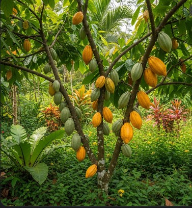 A cocoa tree with multiple pods, illustrating the rewarding result of growing cocoa at home.
