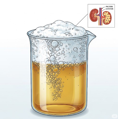 A clear, close-up photo of a glass filled with a light-colored liquid, possibly urine, showing a thick layer of white foam on the surface. The foam is prominent and distinct, indicating a potential medical condition.