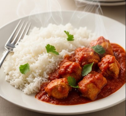 A beautifully plated dish of fluffy white Rice and Stew with chicken pieces