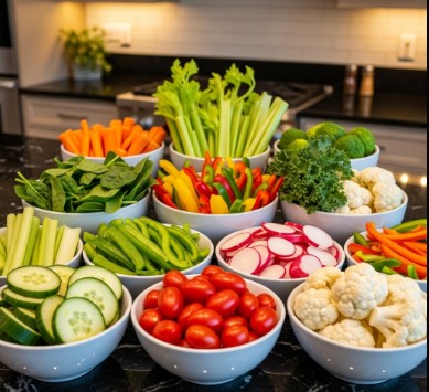 A vibrant assortment of freshly prepared vegetables, each in its own white ceramic bowl, are arranged on a polished black countertop with intricate designs, set within a brightly lit kitchen. The bowls contain a variety of colorful vegetables including crisp cucumber slices, bright orange carrot sticks, slender celery stalks, juicy red cherry tomatoes, vibrant bell pepper strips in red, yellow, and green, thinly sliced radishes, a mix of leafy greens such as spinach and kale, and florets of cauliflower. The kitchen features modern cabinetry and warm overhead lighting that illuminates the scene, highlighting the textures and colors of the produce.