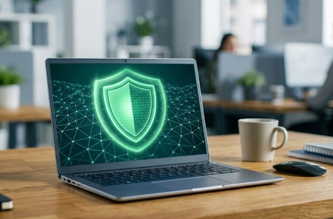 A digital shield protecting a laptop to show is your website safe.
