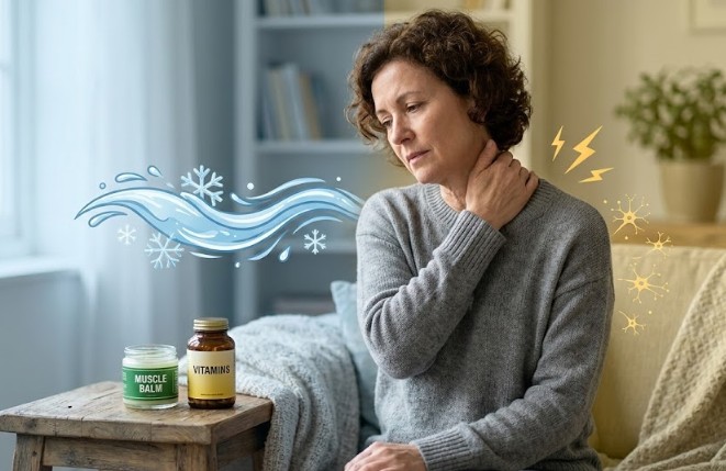 A person pointing to a sore shoulder to illustrate nerve pain vs. muscle pain differences.
