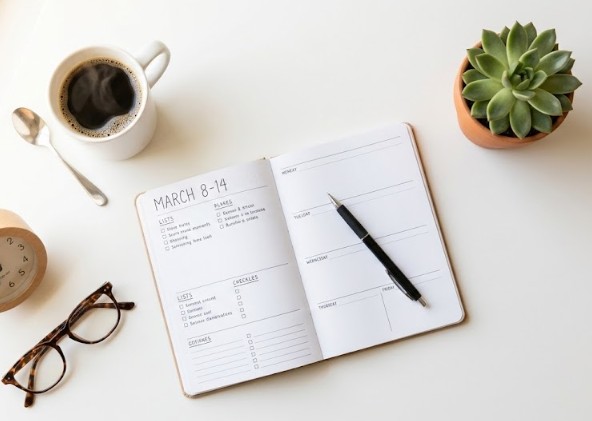  A clean morning coffee and a planner to represent 5 habits for a productive and peaceful week.