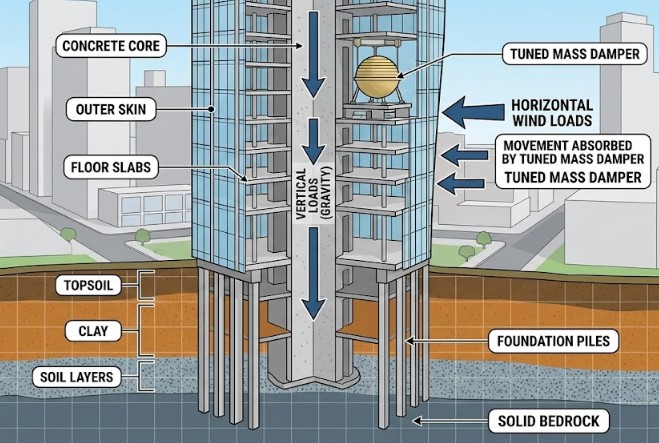 A detailed cross-section diagram illustrating how skyscrapers stay standing by showing their foundation and core.