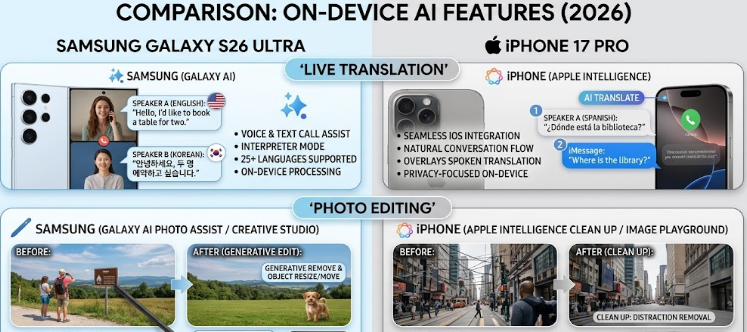 A high-quality comparison of the Samsung S26 Ultra vs. iPhone 17 Pro showing on-device AI features like live translation and photo editing