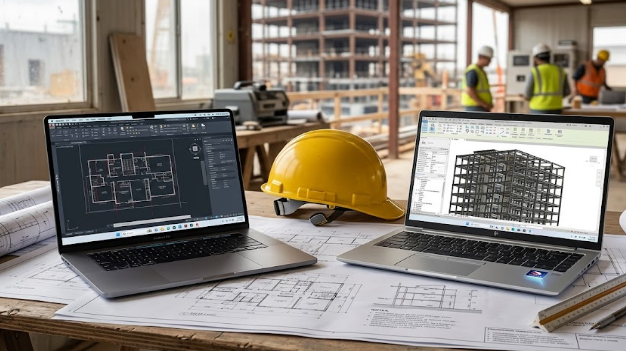  A high-quality comparison of the Apple M5 MacBook Pro vs. HP EliteBook X G2 sitting next to architectural blueprints and a hard hat.
