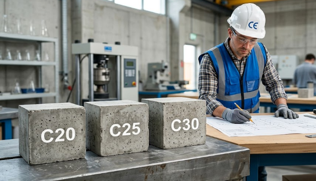  A comparison chart and samples showing Understanding Concrete Grades: C20 vs. C25 vs. C30 Strength Specs on a construction site.

