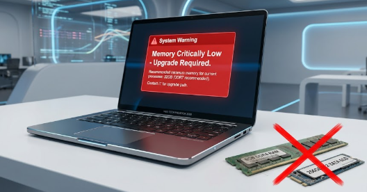 A 2026 laptop showing a low memory warning to explain why you should Don't Buy These Specs in 2026 like 8GB RAM.