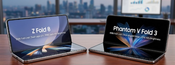Comparison of Samsung Z Fold 8 and TECNO Phantom V Fold 3 focusing on Foldables in 2026: Is the Hinge Finally Fixed?
