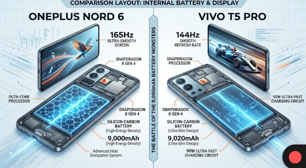 A comparison layout showing the internal Silicon-Carbon battery of the OnePlus Nord 6 vs Vivo T5 Pro alongside their 165Hz and 144Hz displays.