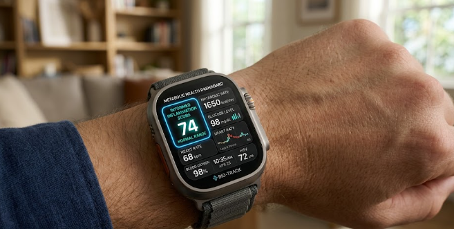  A high-tech smartwatch displaying a metabolic health dashboard with the Informed Inflammation Score highlighted on the screen.

