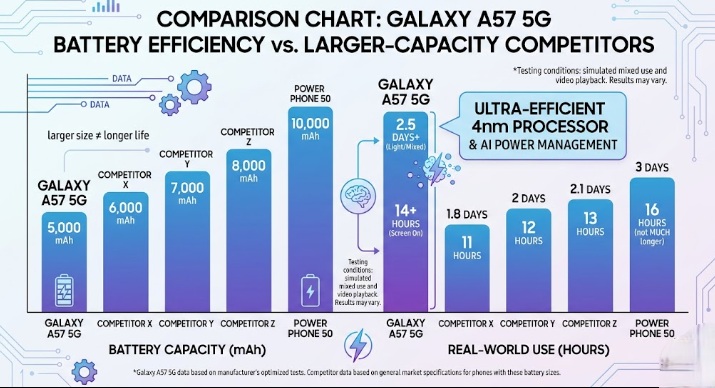 A comparison chart showing the Galaxy A57 5G battery efficiency against competitors with much larger battery capacities.
