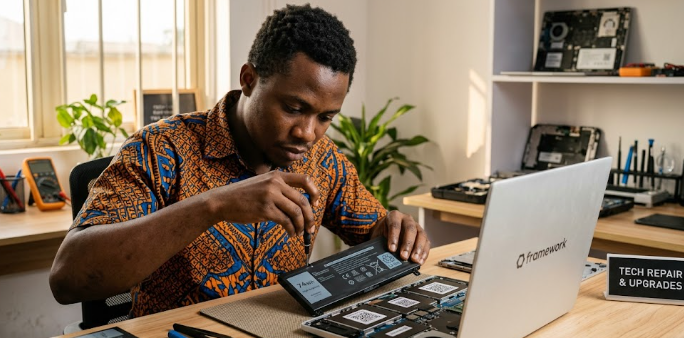 A person upgrading the modular internal components of a Framework Laptop 13 Pro with a 74Wh battery.
