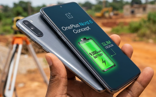  A sleek OnePlus Nord 6 smartphone showcasing its massive 9,000mAh battery capacity and slim design.
