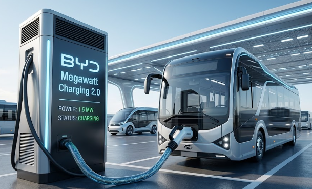A futuristic electric vehicle connected to a high-speed charger featuring BYD’s Megawatt Charging 2.0 technology.
