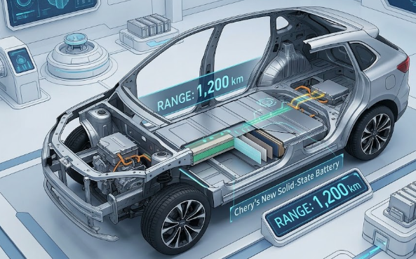 A high-tech vehicle chassis showing the internal components of Chery’s New Solid-State Battery with a range indicator of 1,200km.