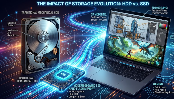 A high-tech digital illustration comparing a traditional mechanical HDD with a sleek, modern SSD glowing with blue light, illustrating the speed benefit of upgrading from HDD to SSD.