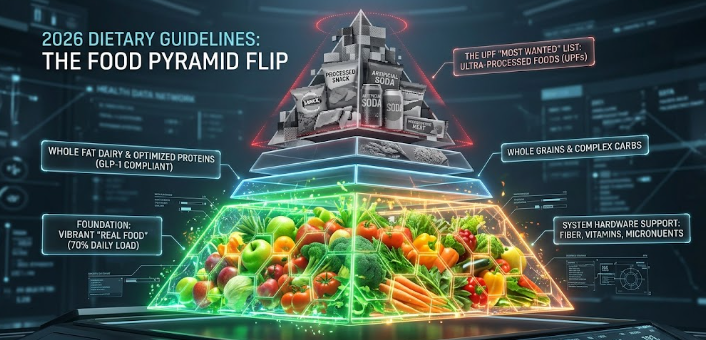 A digital 3D model illustrating the 2026 Dietary Guidelines Flip by prioritizing real food over processed snacks.
