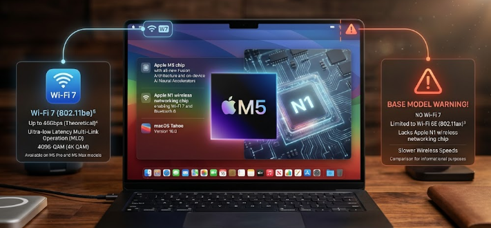 A MacBook Pro M5 performance review graphic showing the difference between the base M5 and the N1-equipped Pro chips.
