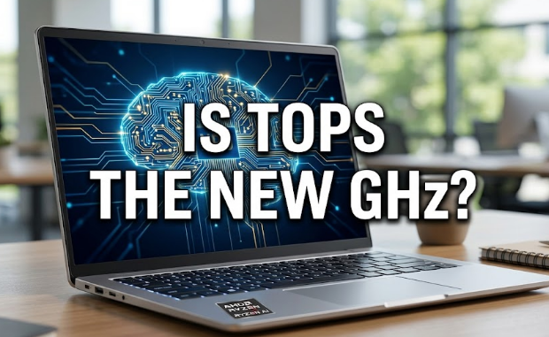 A modern laptop showing a digital brain representing an NPU, asking the question Is TOPS the new GHz?