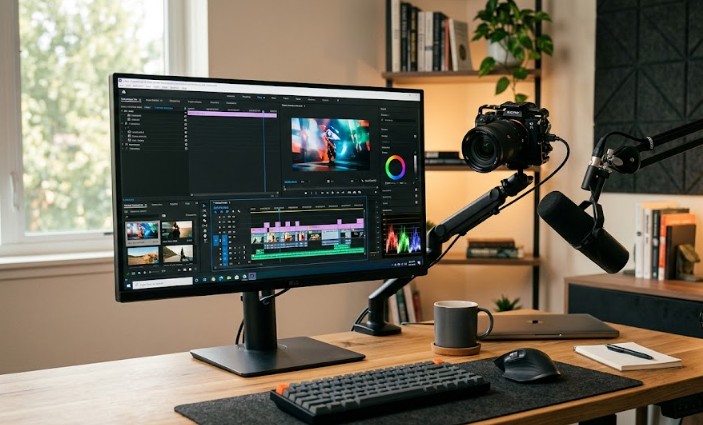 A professional desk setup showcasing one of the best budget monitors for content creators and bloggers with vibrant screen colors.