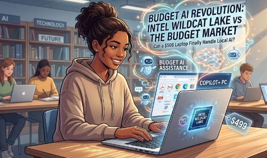 A female student in a library using a laptop powered by Intel Wildcat Lake vs The Budget Market technology, featuring AI icons and a $499 price tag.
