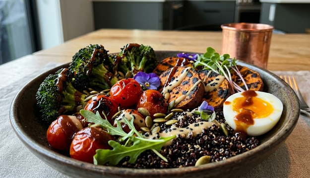 A vibrant 2026 dinner plate showcasing Functional Flavor with charred vegetables and rich umami sauces.