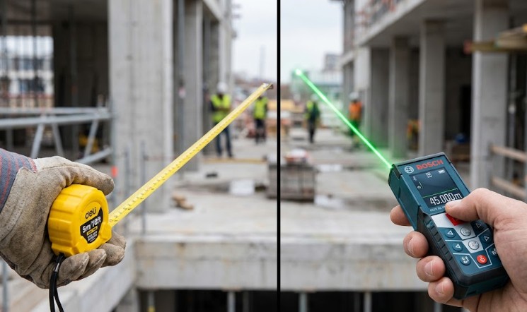 A side-by-side comparison of laser distance measurers vs traditional tapes on a construction site.
