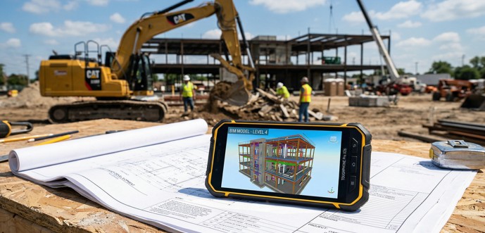  A rugged smartphone showing a 3D model on a construction site, representing the best smartphones for civil engineers in 2026.
