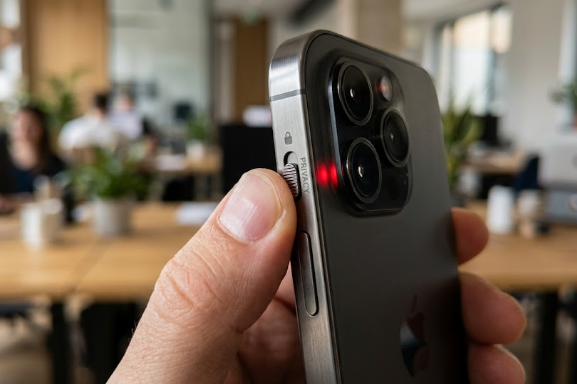 : A user toggling the Hiroh phone physical kill-switch on a sleek metallic smartphone to disconnect the camera and microphone.
