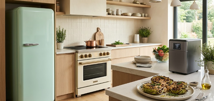  A retro-style kitchen showcasing the Nostalgia Tech Surge with AI-powered vintage appliances