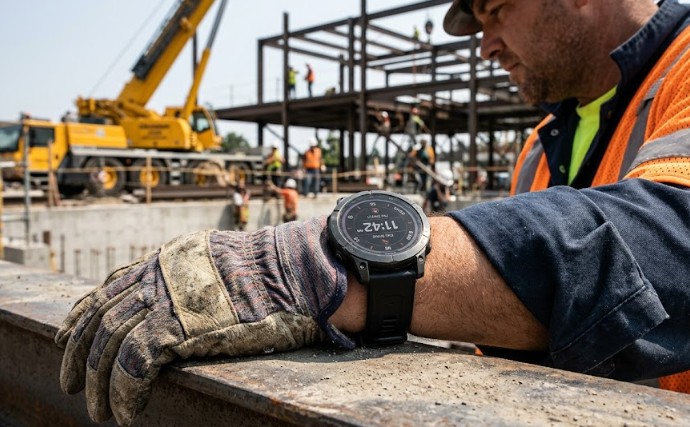 A rugged titanium device representing the best smartwatches for construction sites: specs that actually matter, shown on a worker's wrist.
