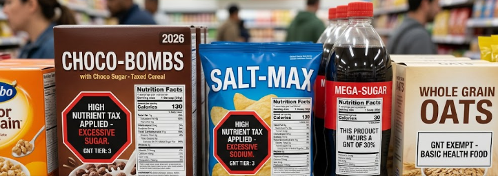 A close-up shot of packaged food items on a grocery shelf showing how 2026 global nutrient taxes alter ingredient labels.