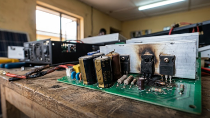 A burnt solar circuit board illustrating why cheap hybrid inverters fail in extreme tropical heat.