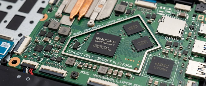 A close-up concept of a budget laptop motherboard featuring the new Snapdragon C chips