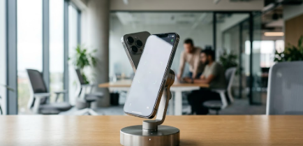 A futuristic 2026 Robot Phone standing on a motorized titanium gimbal base.