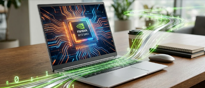 A futuristic laptop showcasing how Nvidia N1X unified silicon plans to disrupt premium laptops.