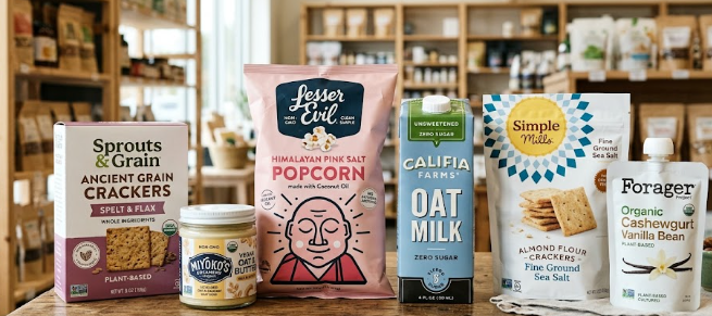 : A group of modern, clean-label grocery items showing how new ingredients are redefining packaged foods.