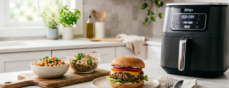 A healthy meal made with whole-food hybrid proteins next to fresh lentils and a smart kitchen appliance.