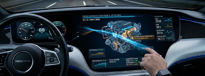 A high-tech vehicle diagnostic screen displaying VIN-Level Predictive Analytics data for a modern car engine.