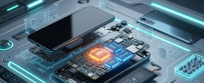 A high-tech view of internal mobile parts, showing why mid-tier phones get cheaper in 2026 is no longer a reality due to rising component costs.