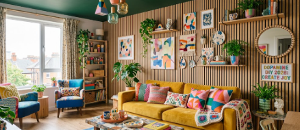 A modern interior showcasing 2026 Dopamine DIY trends with a deep green ceiling and acoustic wood panels.
